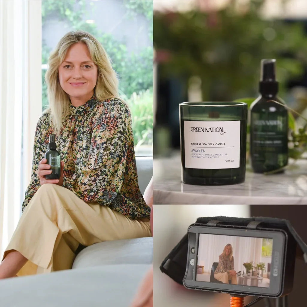 Woman holding Green Nation Life spray, Green Nation Awaken candle, product video shoot setup