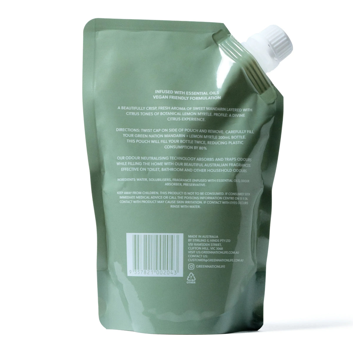 Back of eco-friendly air freshener refill pouch with instructions and barcode visible