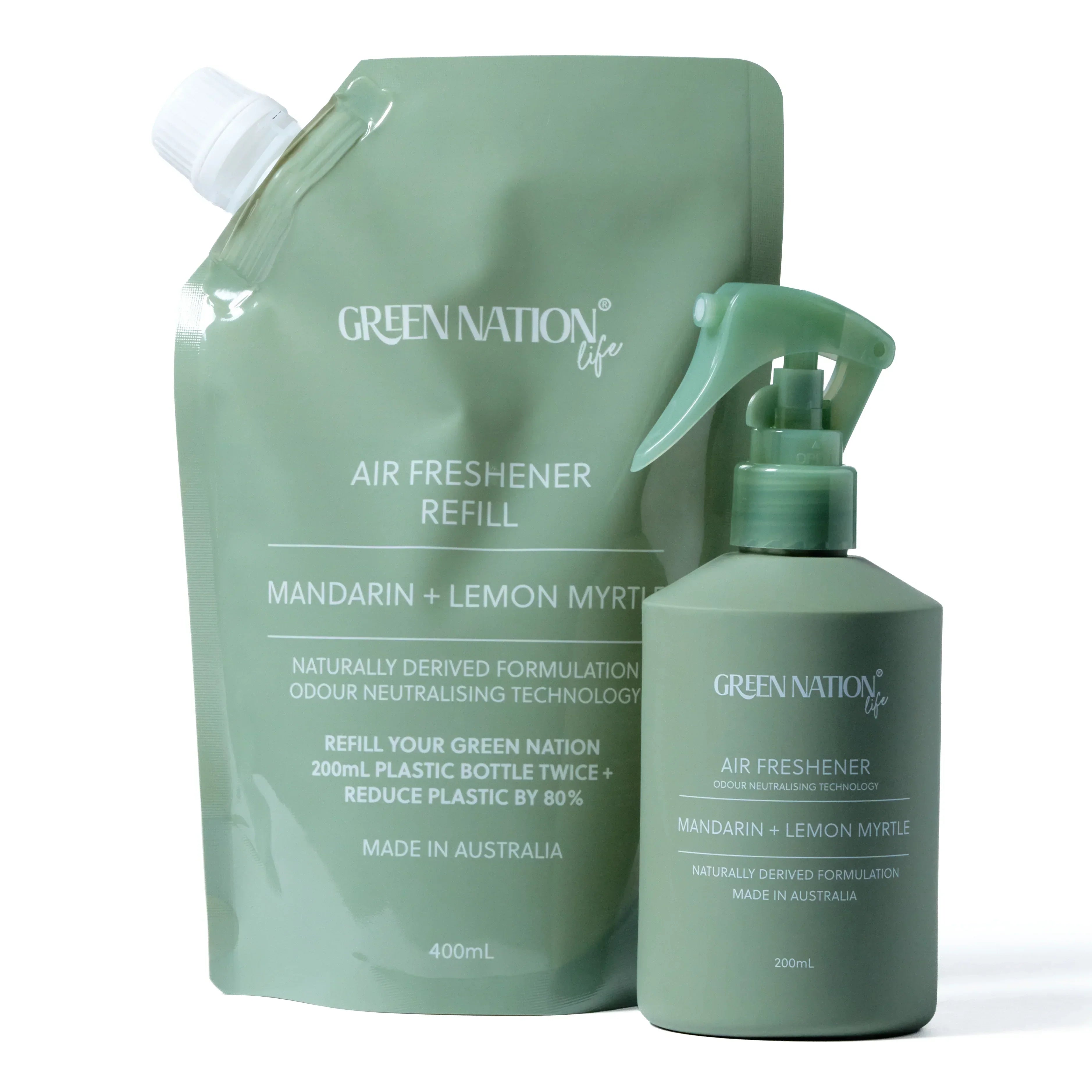 Mandarin lemon myrtle air freshener refill pouch and spray bottle, green packaging, 400mL and 200mL sizes.