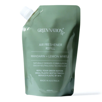 Mandarin and lemon myrtle air freshener refill pouch with white cap, 400mL, front view