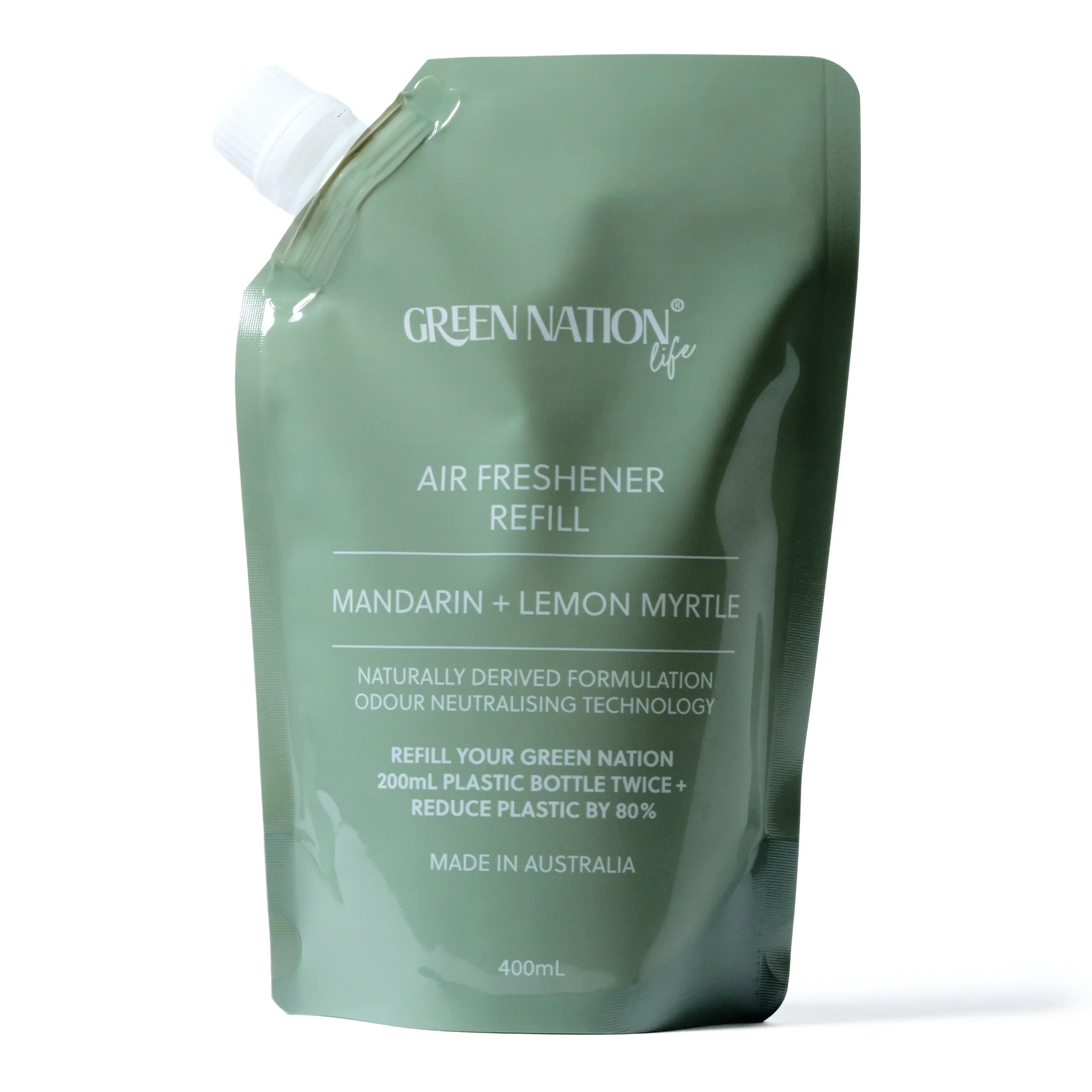 Mandarin and lemon myrtle air freshener refill pouch with white cap, 400mL, front view