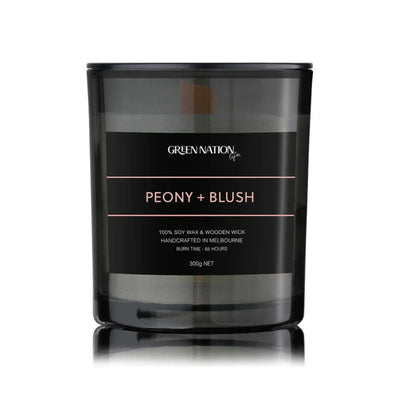 Green Nation Peony Blush soy wax candle with wooden wick in black glass jar
